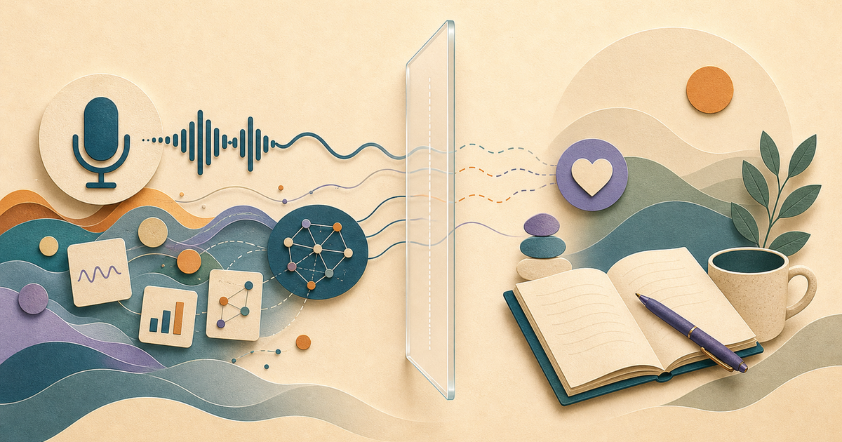 Lound editorial illustration of voice patterns and reflection separated by a clear boundary to show support without diagnosis.