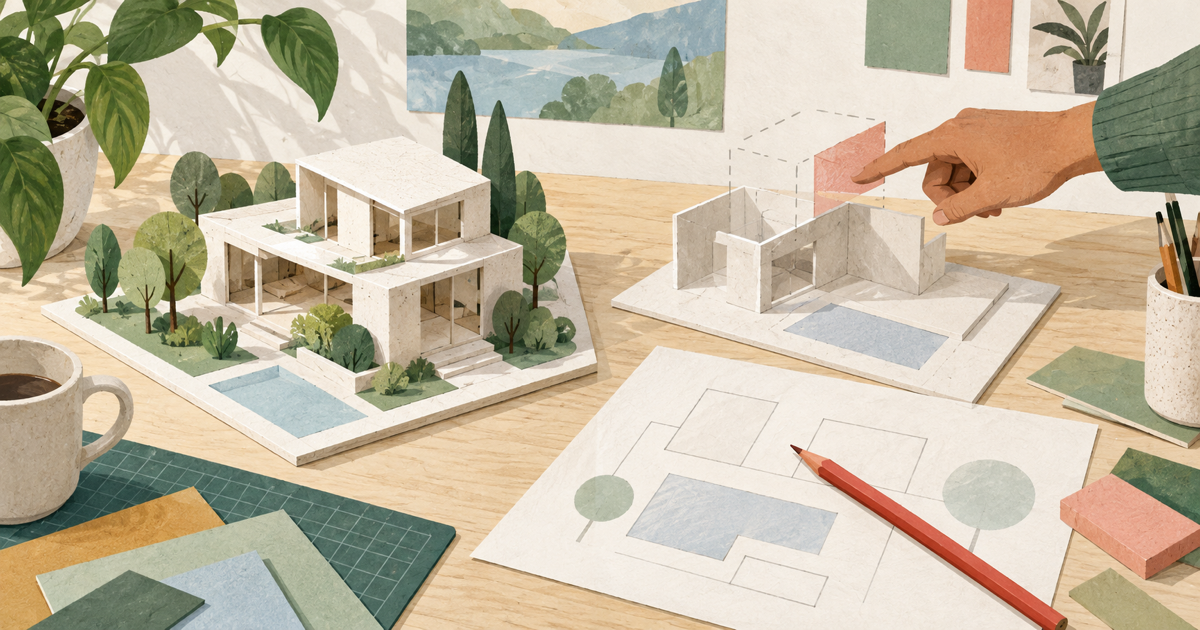 Lound editorial illustration of a finished paper model beside an unfinished version, with a hand pointing toward a concrete improvement.