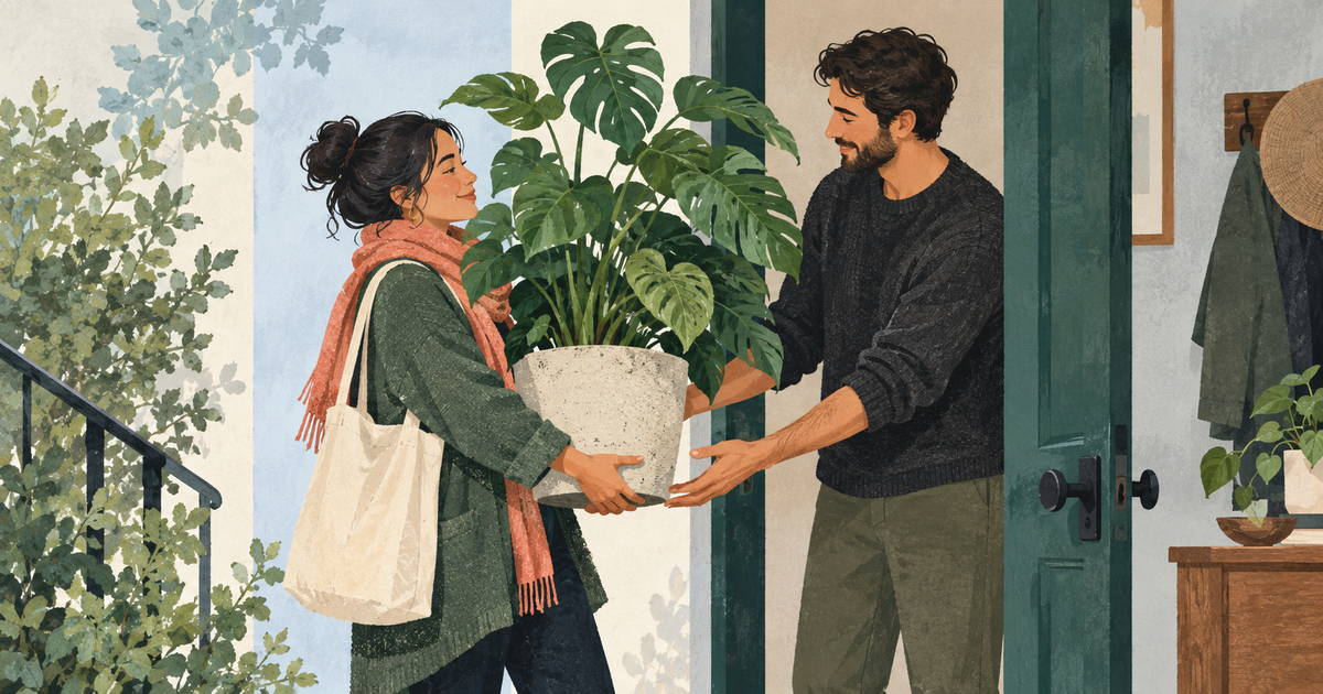 Lound editorial illustration of two people sharing the weight of a large green houseplant at a doorway.