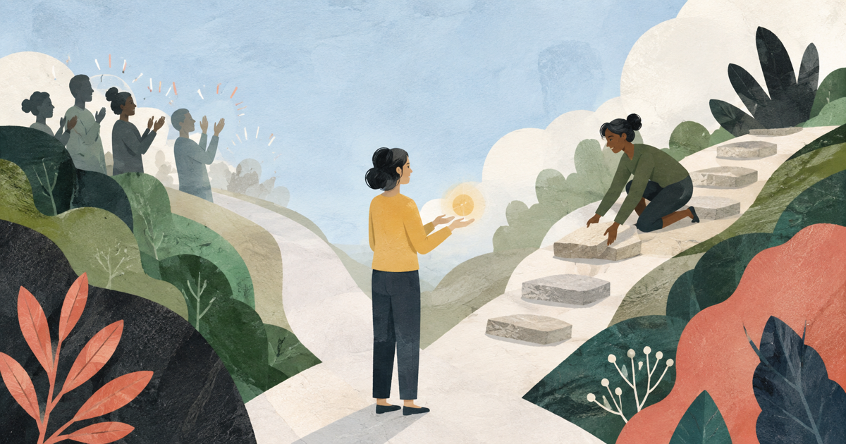 Lound editorial illustration of a person sharing a goal at a fork, with applause on one path and practical help on the other.