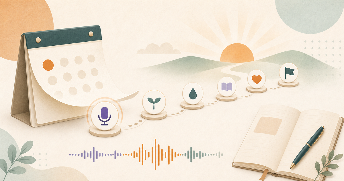 Lound editorial illustration of a fresh-start date marker becoming a path of small habit milestones.