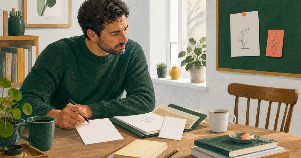 Lound editorial illustration of a person preparing a helpful note for someone else while noticing the same unfinished materials on their own desk.