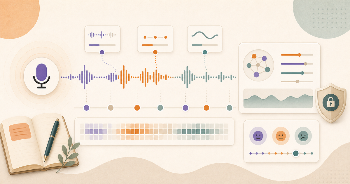 Lound editorial illustration of voice waveforms and pattern markers becoming privacy-aware AI reflection cards.