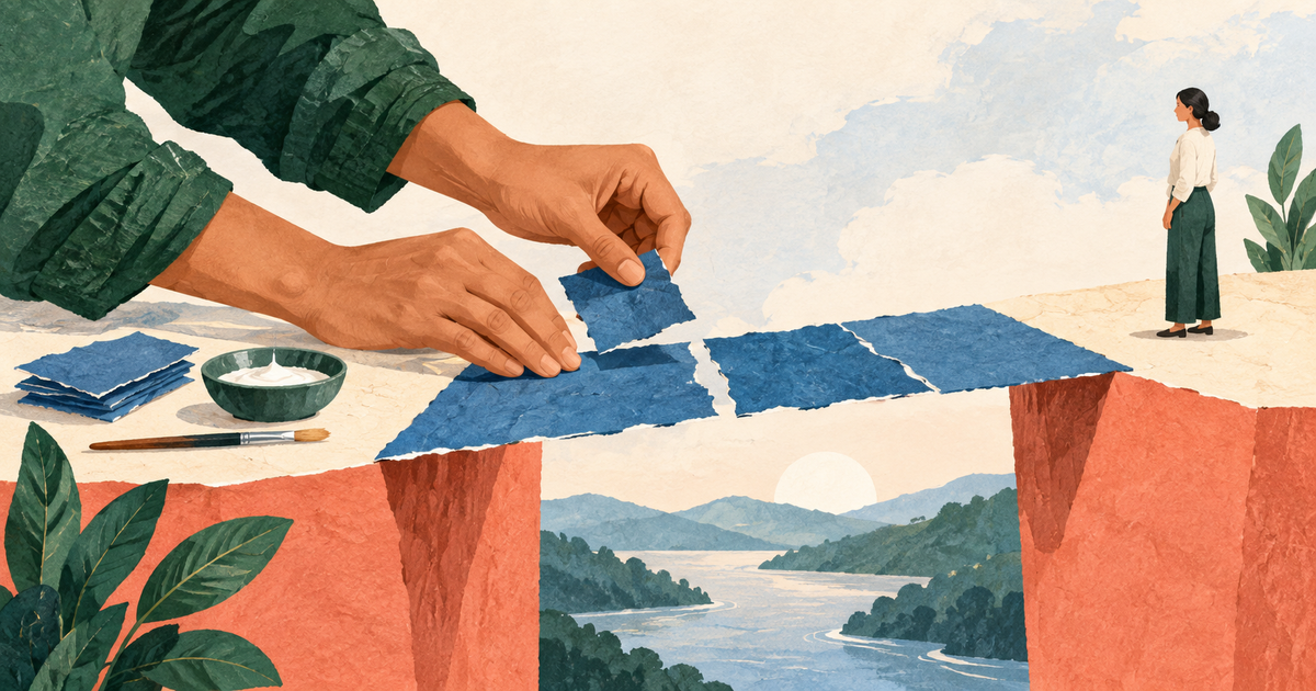 Lound editorial illustration of hands repairing a torn blue paper bridge while another person waits on the far side.