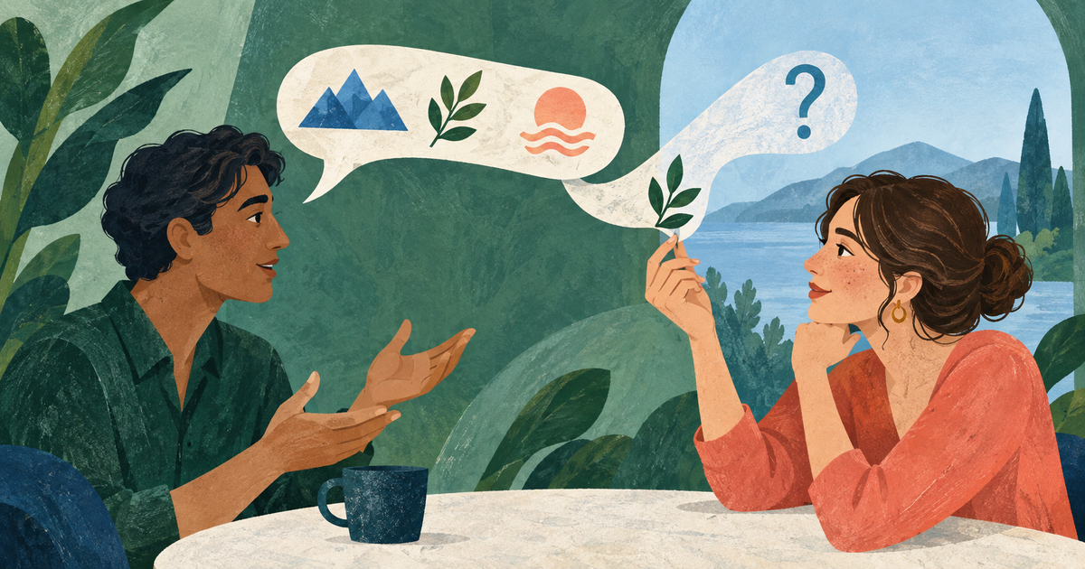 Lound editorial illustration of two people connecting a small patterned detail between their conversation ribbons.