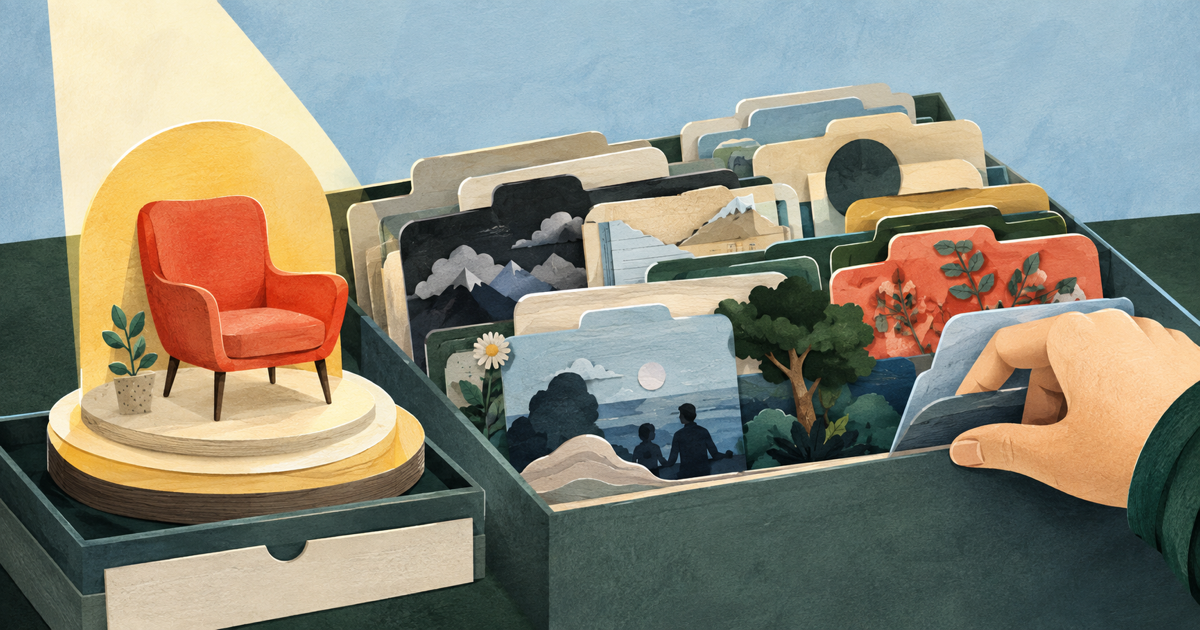 Lound editorial illustration of one brightly lit memory on a pedestal beside a hand searching a wider archive.