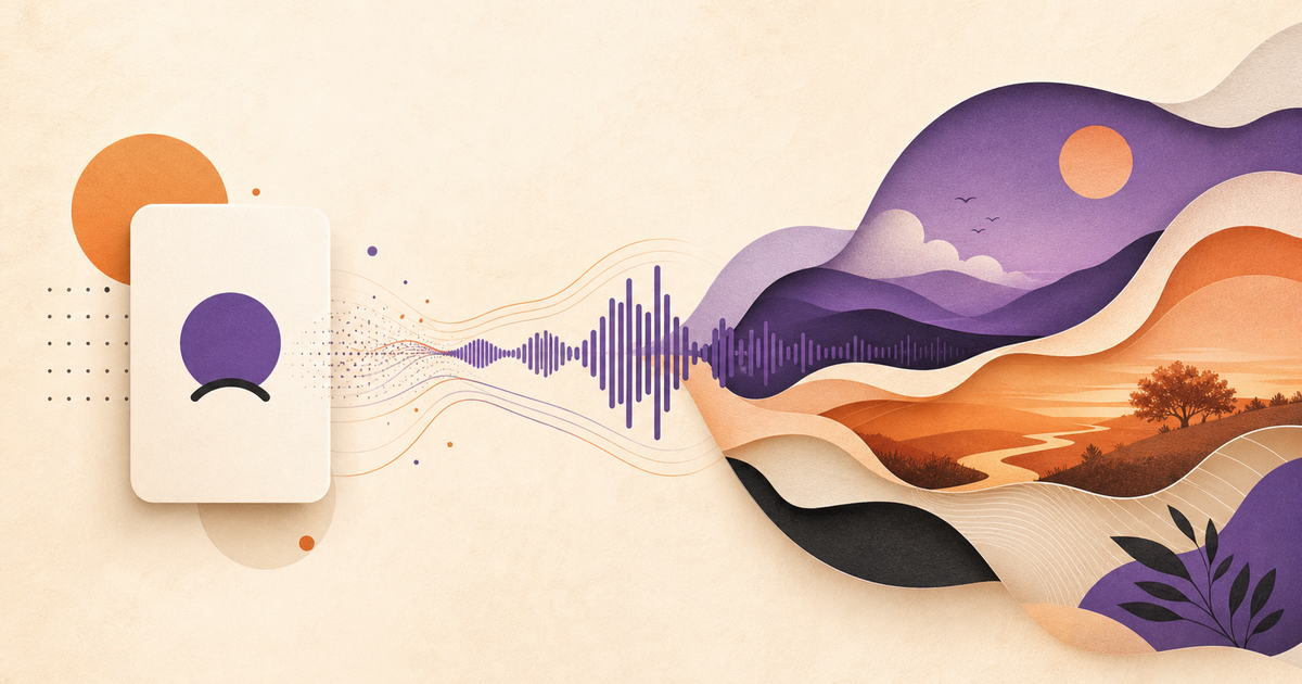 Lound editorial illustration showing a sad mood card transforming into a voice waveform and layered story landscape.