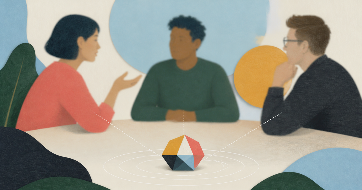 Lound editorial illustration of a clear geometric claim linked by fading lines to three conversation partners.