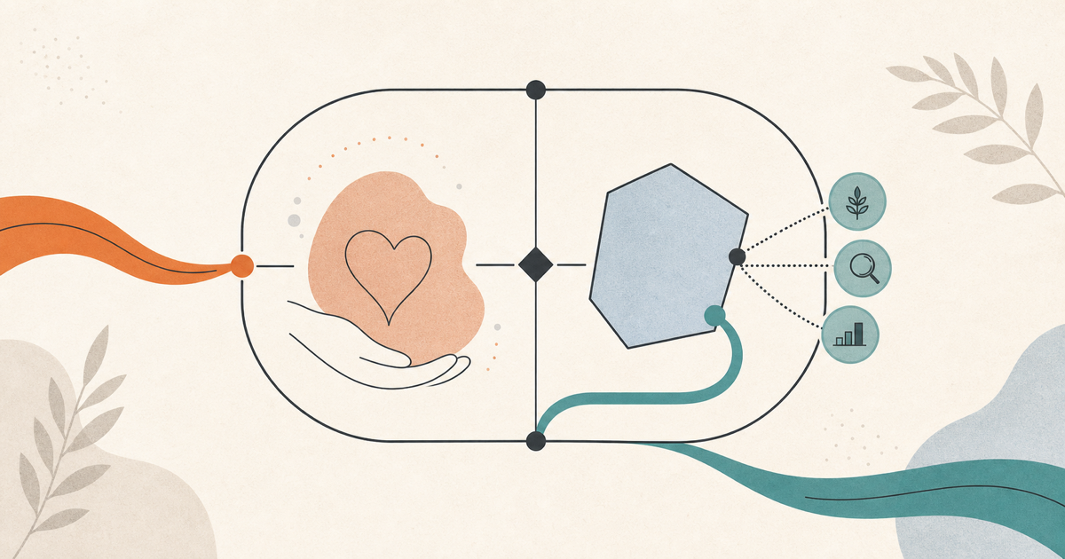Lound editorial illustration of a voice journal reflection balanced between a supportive mirror and an evidence-checking question.