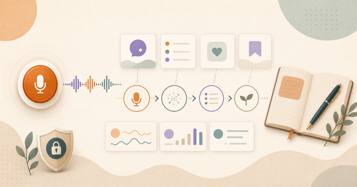Lound editorial illustration of a beginner voice journaling path from record button to waveform to private journal insights.