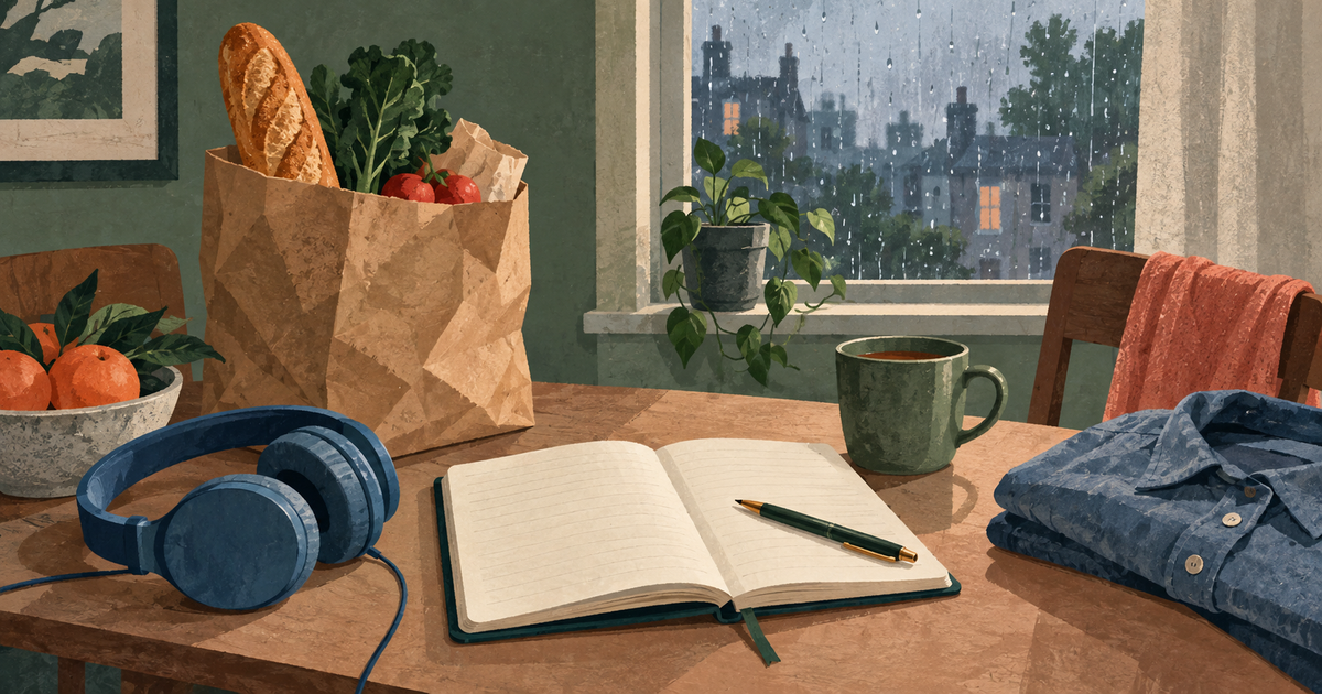 Lound editorial illustration of everyday objects, a grocery bag, headphones, and a cup, collected beside an open journal.