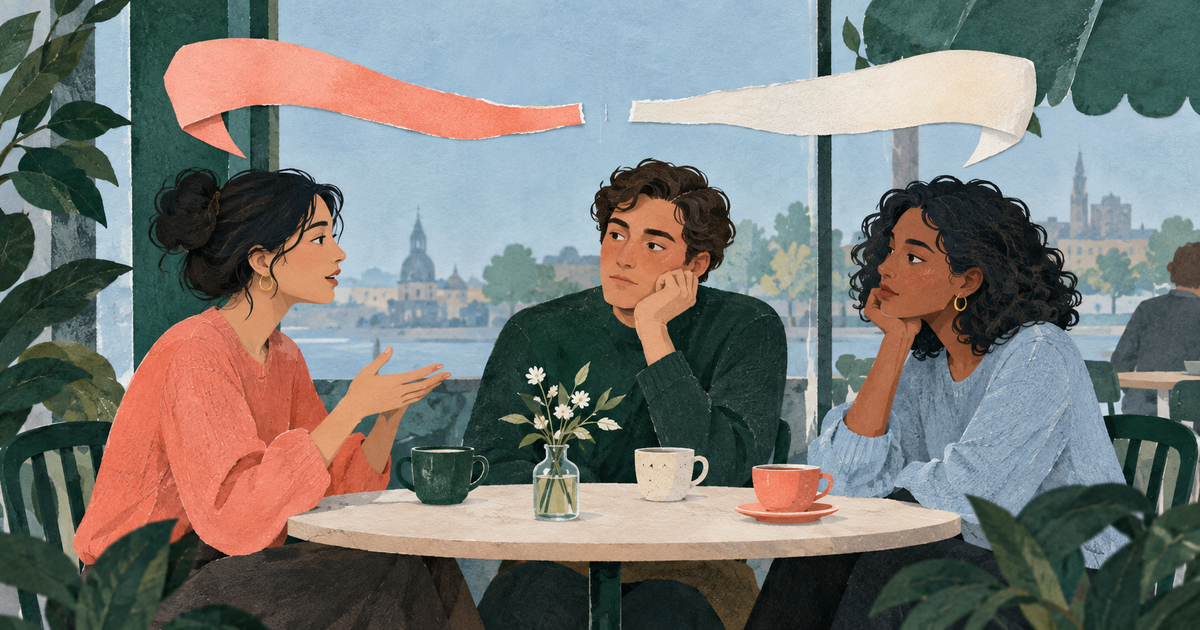 Lound editorial illustration of three people at a cafe table with a small space between unfinished conversational ribbons.
