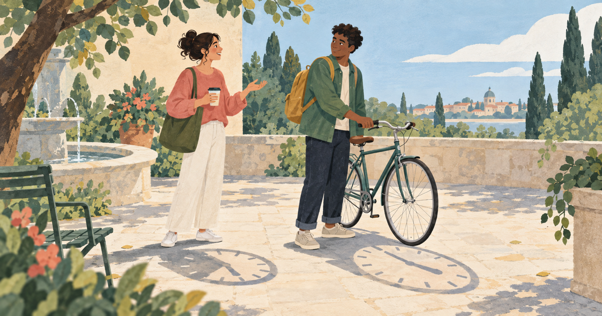Lound editorial illustration of two friends talking beside a bicycle, with different clock shadows suggesting different stopping times.