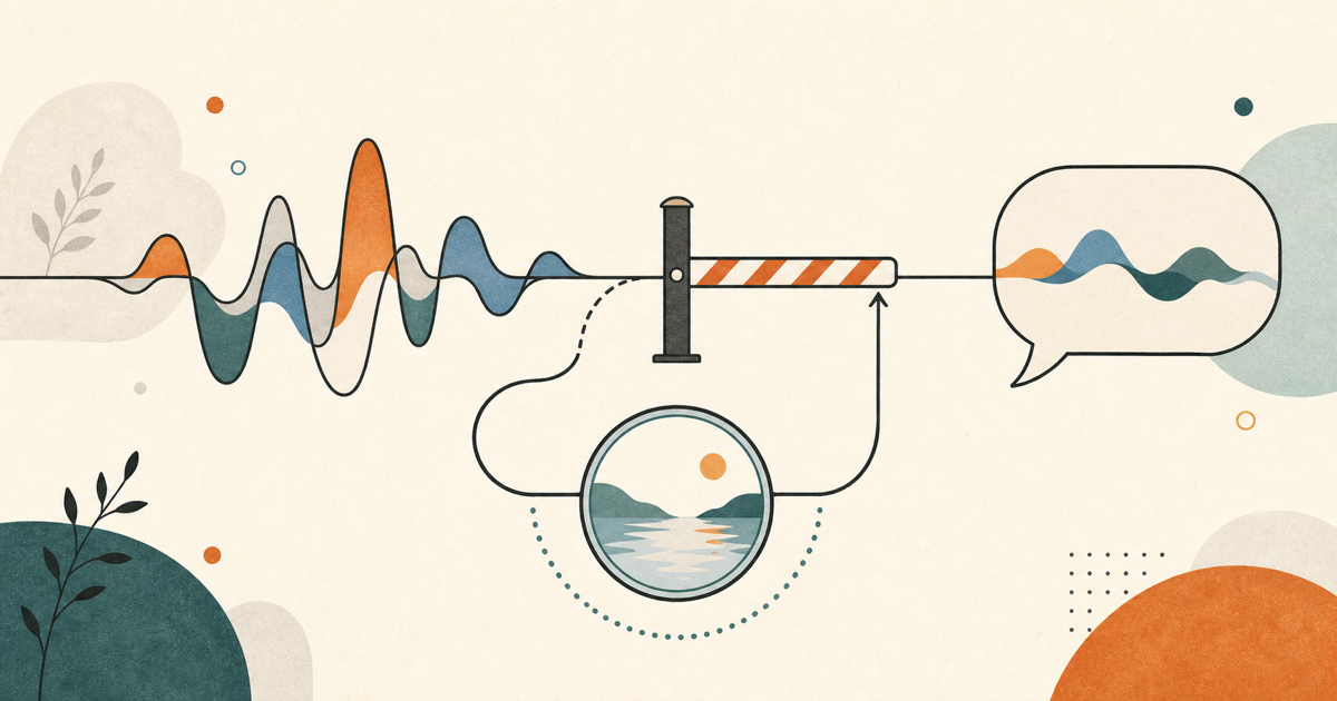 Lound editorial illustration of a speech waveform pausing at a checkpoint while a reflective loop preserves the thought.
