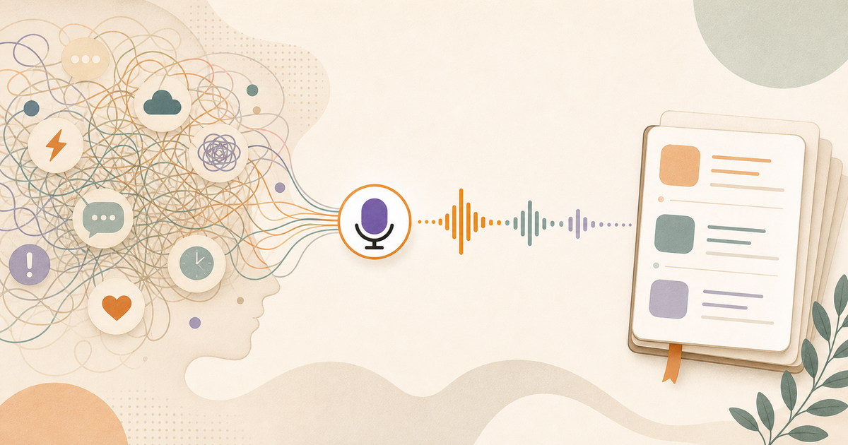 Lound editorial illustration of looping busy thoughts flowing into a clear voice waveform and organized journal cards.