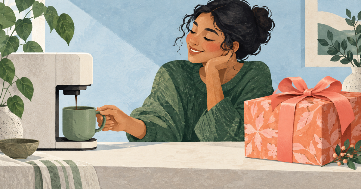 Lound editorial illustration of a person choosing a simple green mug while an elaborate wrapped package sits nearby.