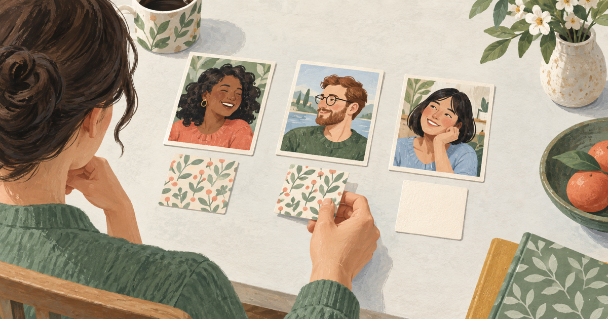 Lound editorial illustration of a hand matching patterned story tiles to three portrait cards, with one pairing still unresolved.
