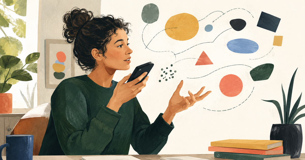 Lound editorial illustration of a person speaking into a phone while their moving hands arrange abstract ideas in the air.