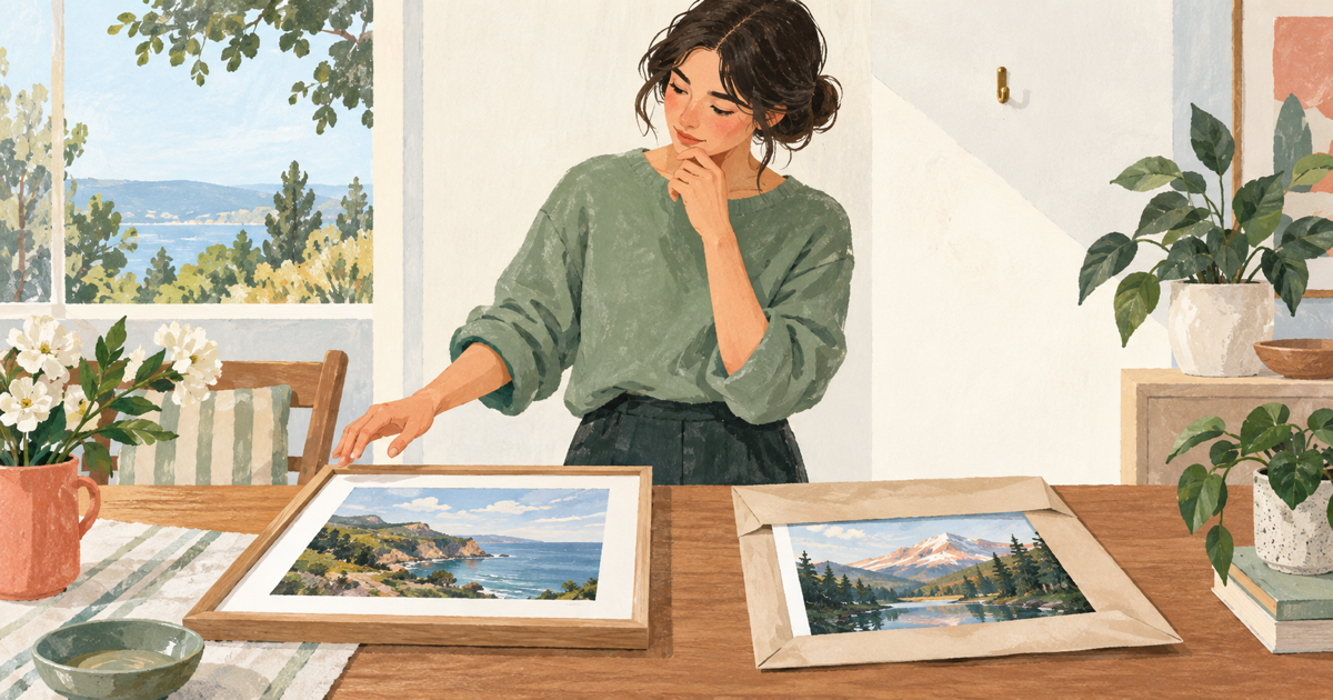 Lound editorial illustration of a hand hesitating between a framed photograph and an alternative print left in a paper sleeve.