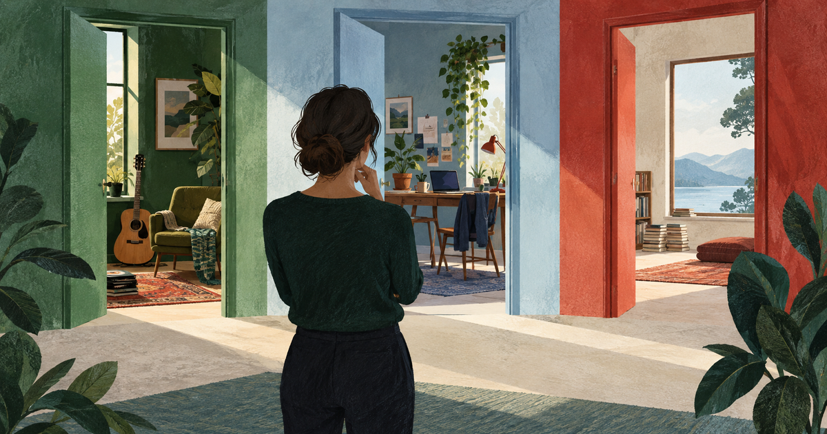 Lound editorial illustration of a person comparing three differently arranged rooms through a sequence of open doorways.