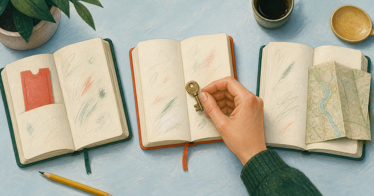 Lound editorial illustration of similar notebooks distinguished by a specific ticket, key, and small folded map tucked into their pages.